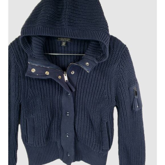 BANANA REPUBLIC Varo Ribbed Zip Crop Hooded Sweater Bomber XS Navy #509216-01 - Picture 5 of 13